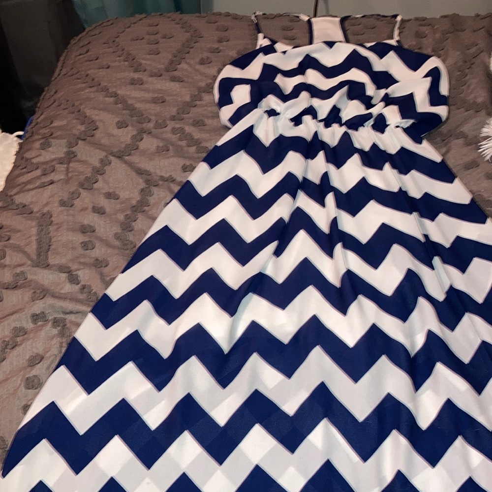 Pretty blue a white long spaghetti strapped dress.